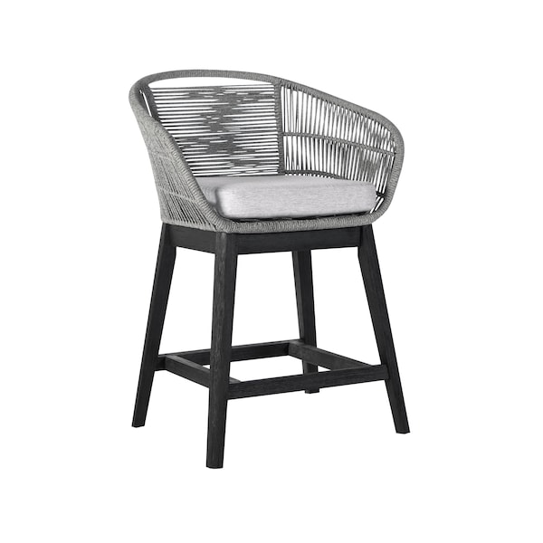 Armen Living Tutti Frutti Indoor Outdoor Counter Height Bar Stool in Black Brushed Eucalyptus Wood with Gray Rope LCTFBAGRBL26 - main
